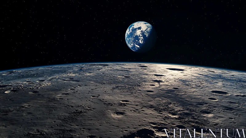 Lunar horizon with Earthrise framed against star-dense void.