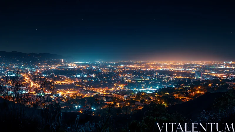 City skyline glows with vivid orange blue night lights