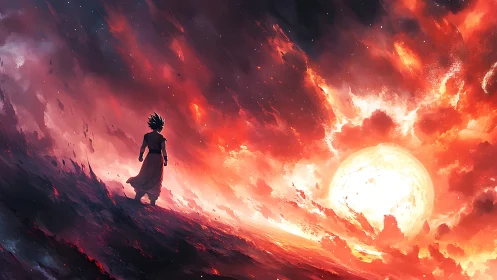 Silhouetted warrior observes massive blazing sun horizon