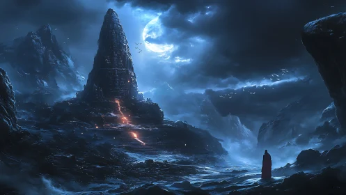 Moonlit obsidian spire dominates stormlit frozen valley.