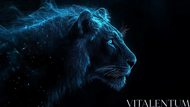 Glowing blue lion profile dissolves into electric particles