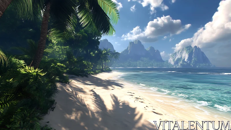 Coastal landscape with volcanic peaks and tropical vegetation.