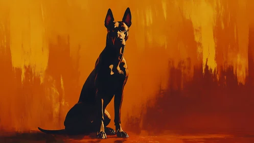 Doberman silhouette against abstract warm orange backdrop