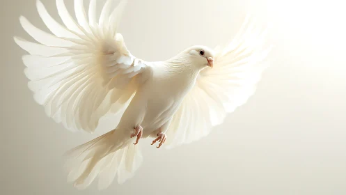 Elegant white dove in flight with soft light and minimal background.