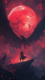 Crimson moon crowns a lone hero facing a shadow dragon
