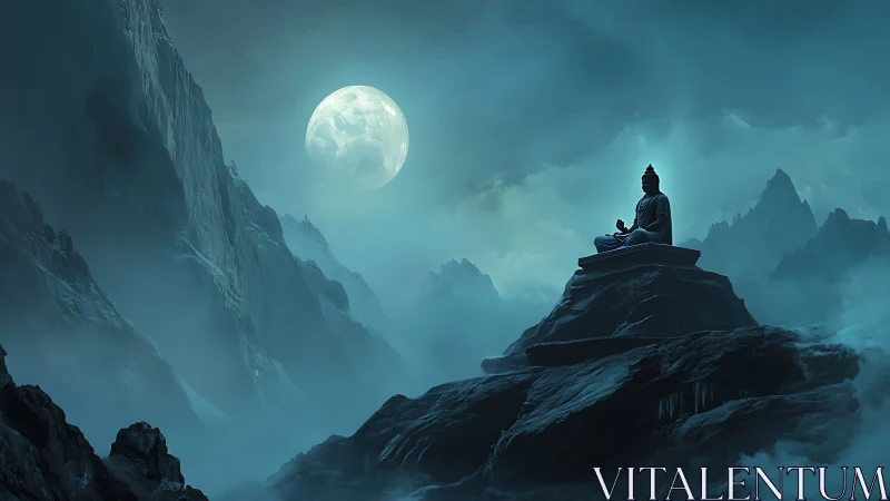 Lunar-illuminated Buddha statue on misty alpine rock plateau
