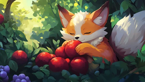 Cute orange fox cuddling red fruit in lush forest scene.