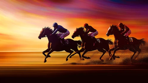 Dynamic sunset jockeys racing across glowing horizon.