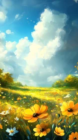 Digital landscape shows wildflower field under cumulus clouds