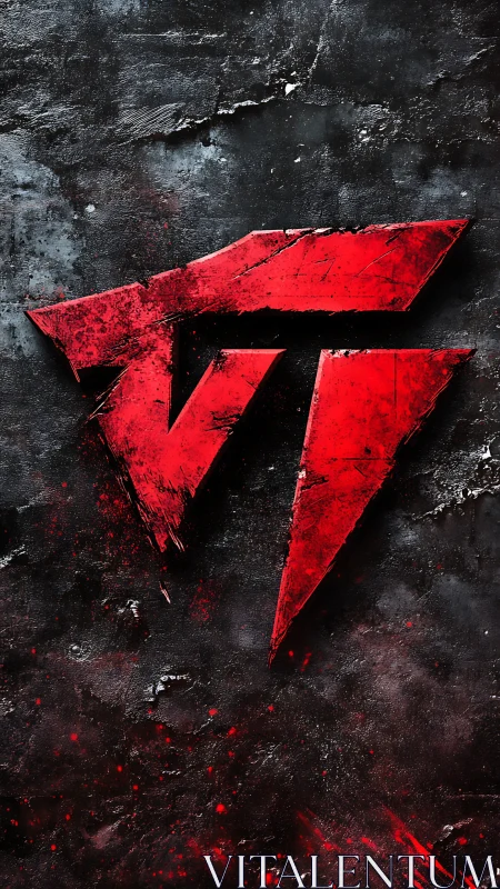 Rugged red abstract emblem on distressed dark ground.