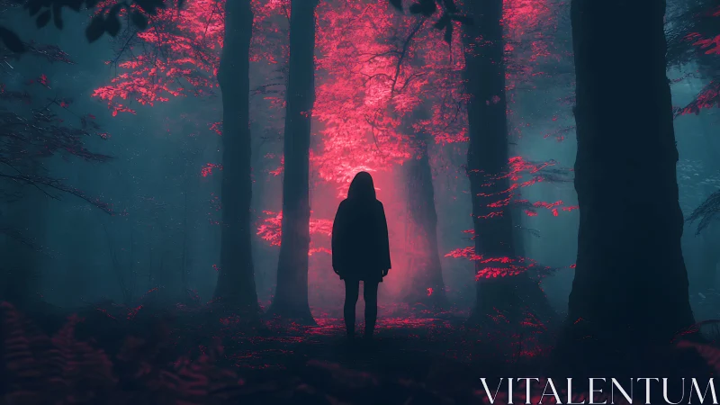 Hooded figure enters neon red portal forest at dusk.