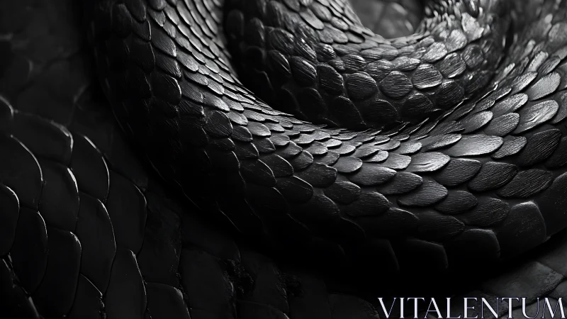 Close-up of coiled black snake scales in dramatic light.