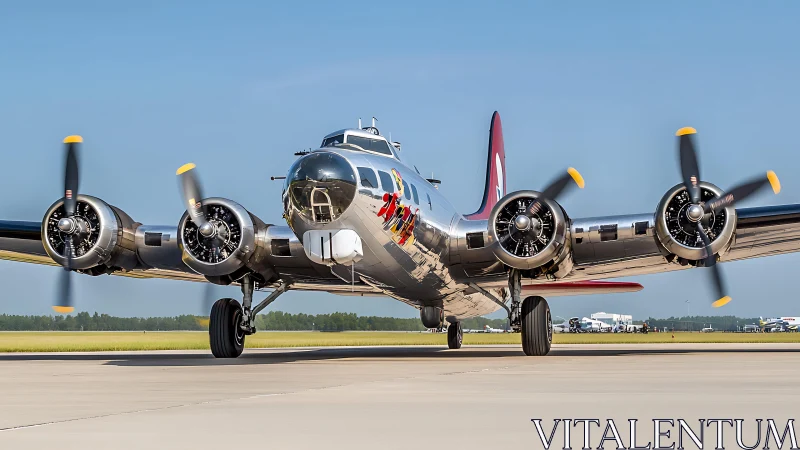 Shining vintage bomber waits proudly on a sunny runway.