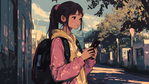 Urban twilight student with phone in cel-shaded anime scene.