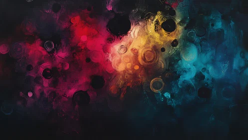 Abstract circular light patterns in red, yellow and blue field.