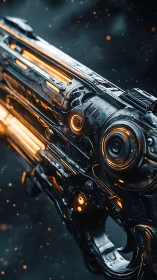 Molten circuits coil through a sleek sci‑fi plasma cannon