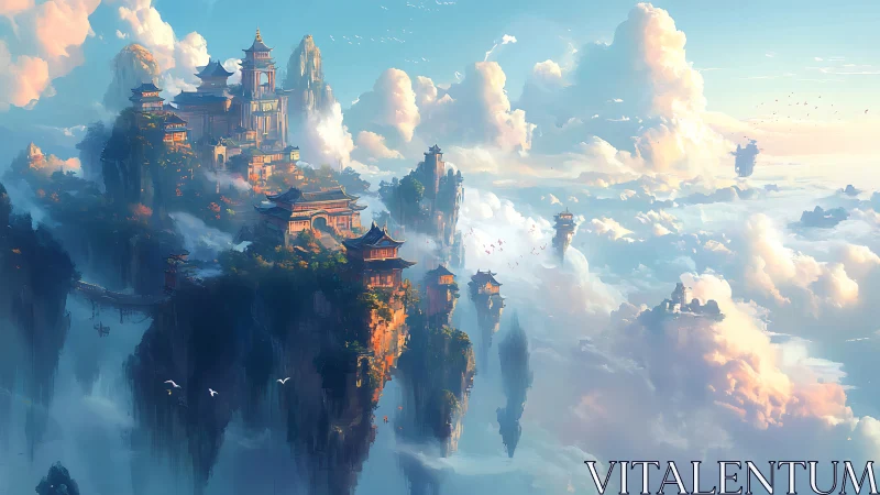 Floating mountain temples in layered daylight cloudscape.