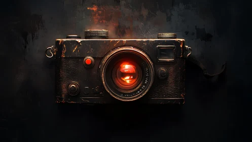 Vintage rangefinder camera glows with molten amber lens