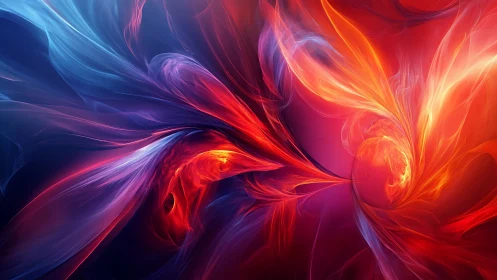 Abstract red and blue flowing light energy forms.