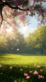 Cherry tree branches over sunlit lawn with falling petals.