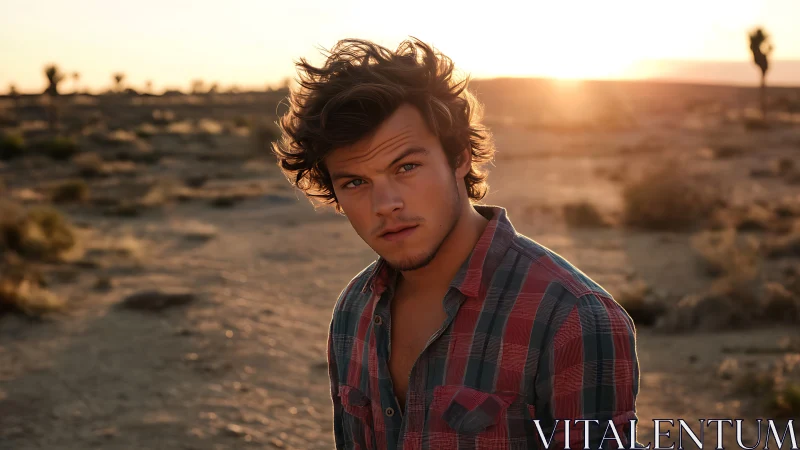 Young man in plaid shirt standing in sunlit desert at dusk.