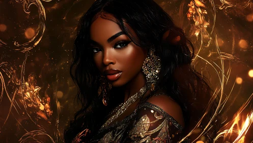 Digital portrait of jeweled woman in molten amber light