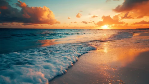 Radiant sunset colors wash across a tranquil shoreline.