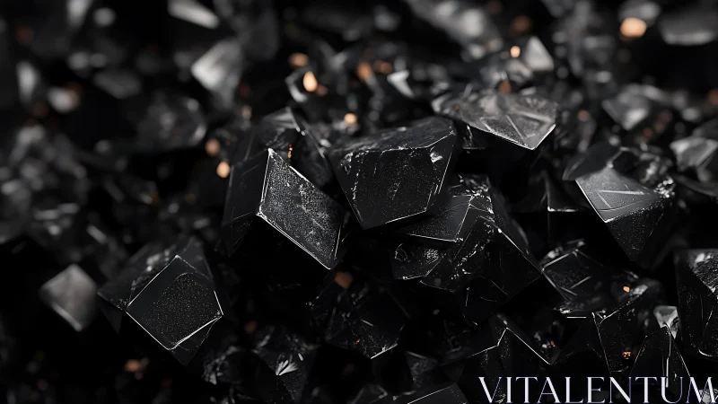 Macro rendering of glossy black crystalline shards with bokeh highlights