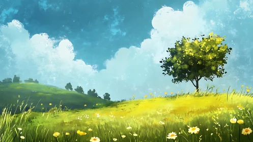 Solitary tree on grassy hillside under blue sky panorama.