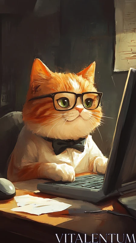 Anthropomorphic Feline with Corrective Optics Operating Computing Device.