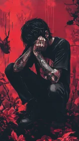 Crimson garden curls around a tattooed soul in collapse