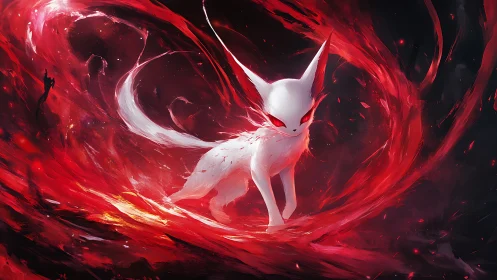 White spirit fox commands swirling crimson energy storm