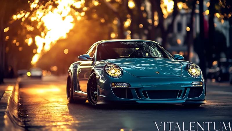 Blue sports coupe glows against warm urban sunset street