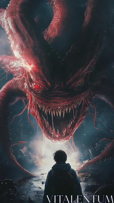 Boy faces massive red monster in dark ruined alleyway.