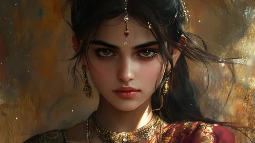 Golden gaze of a regal woman in ornate festival finery.
