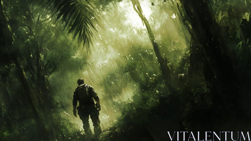 Lone explorer moves through sunlit deep jungle path.