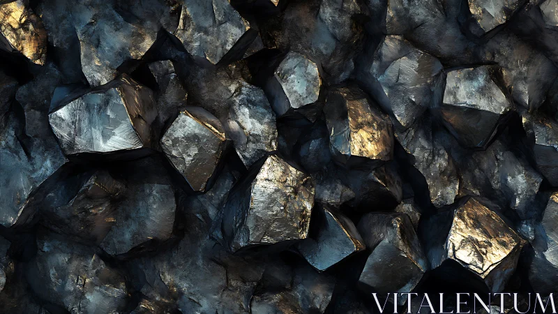 Midnight mineral chorus of faceted metallic stone slabs.