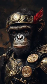 Regal chimpanzee warlord in ornate gold Roman armor