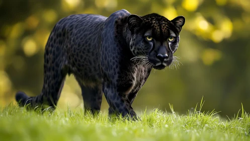 Black Panther on Grass with Blurred Foliage Background