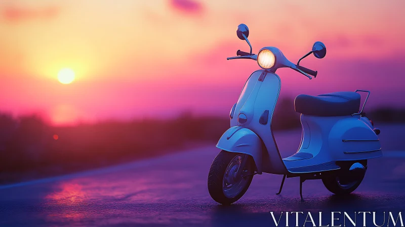 White retro scooter on coastal road at vivid sunset.
