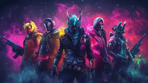 Futuristic masked squad stands in neon smoke with weapons
