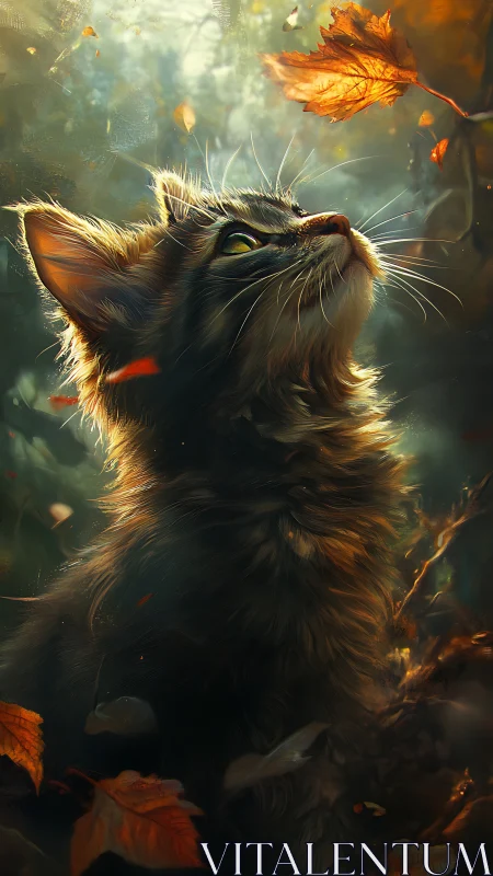 Tabby cat gazing upward at falling autumn leaves