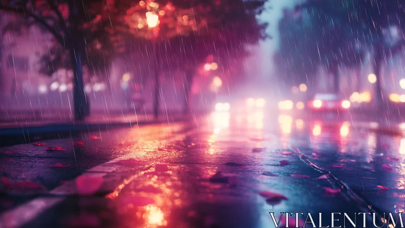 Rainy city street reflects car headlights and neon colors