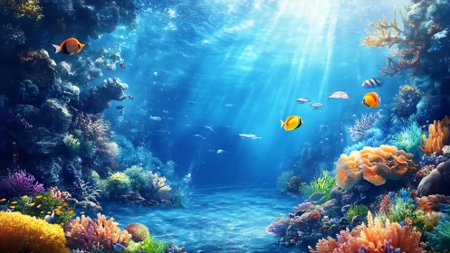 Sunlit coral kingdom where tropical fish paint liquid trails.