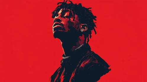 Crimson backdrop framing stylized portrait in bold shadowed forms.