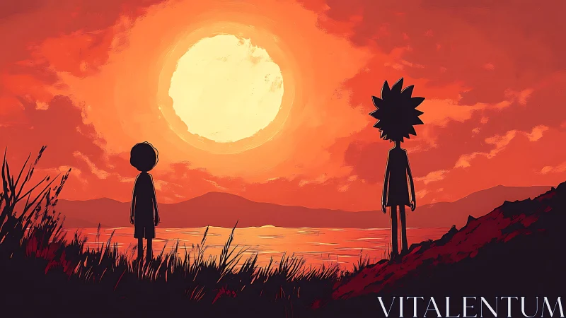 Two silhouetted figures watch a blazing red sunset in silence