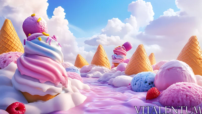 Vibrant ice cream landscape forms surreal pastel dessert valley