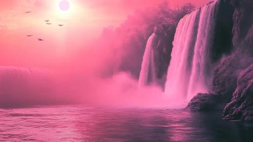 Neon pink waterfalls cascade through misty alien canyon.