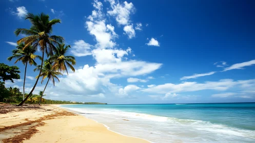 Tropical Beach with Palm Trees and Turquoise Waters.