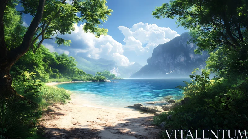 Tropical Cove with Limestone Formations and Vegetation.